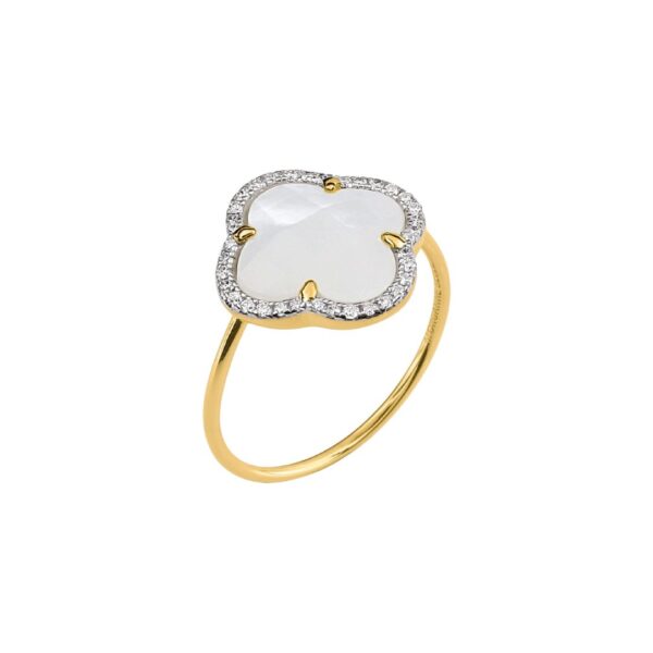 MORGANNE BELLO VICTORIA DIAMANTS RING IN YELLOW GOLD, DIAMONDS AND WHITE MOTHER OF PEARL