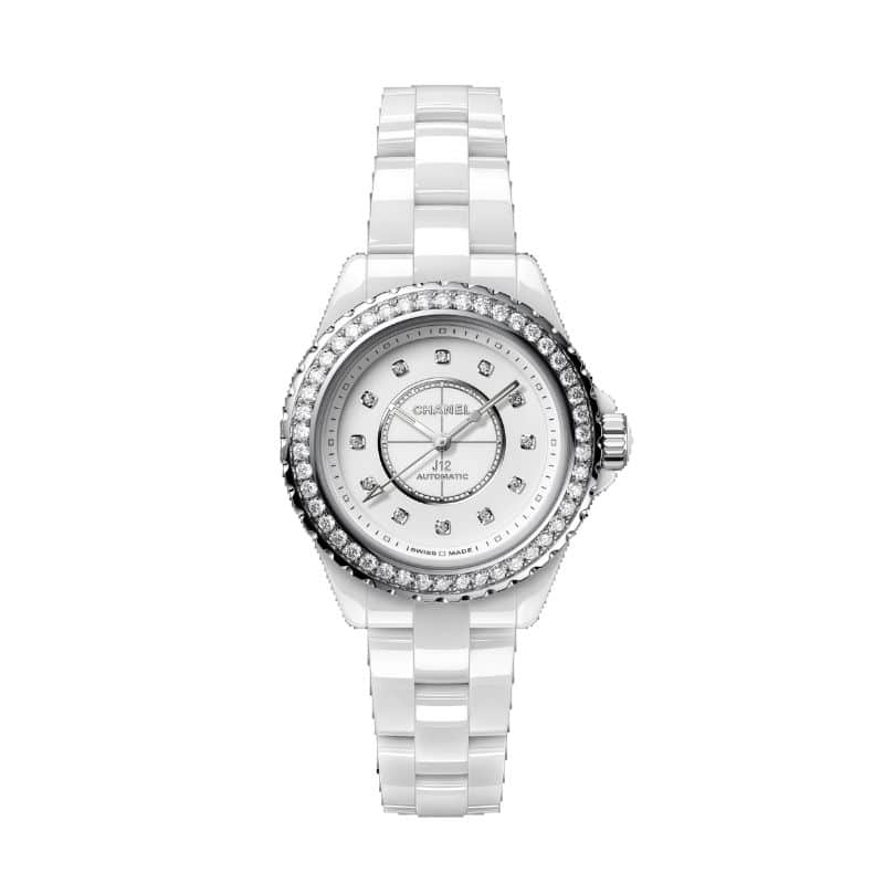 Rellotge Chanel J12 de 33m calibre 12.2 automàtic de ceràmica blanca i bisell i índex de diamants