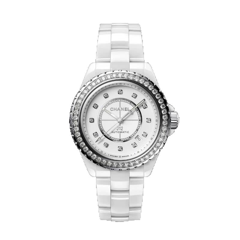 Rellotge Chanel J12 Calibre 12.1 de 38 mm de diàmetre, ceràmica blanca, bisell i índex diamants i moviment automàtic.