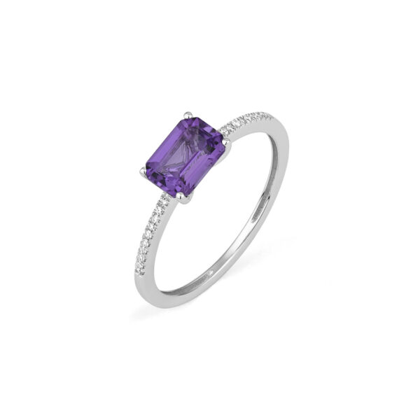 ANILLO MAISON ROCA EN ORO BLANCO, DIAMANTES NATURALES Y AMATISTA