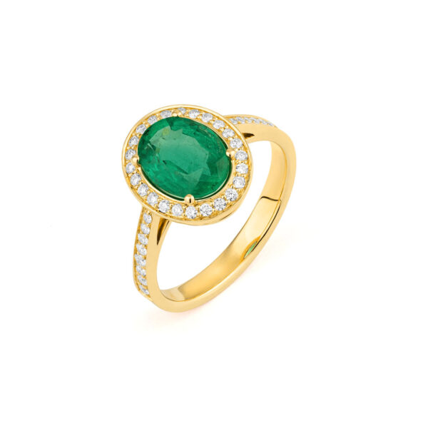 ANILLO MAISON ROCA EN ORO AMARILLO, DIAMANTES NATURALES Y ESMERALDA ZAMBIA